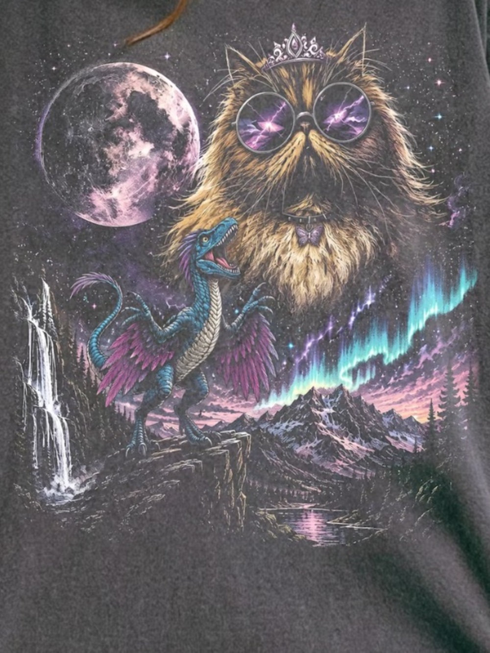 Comfort Colors Pepper Tee with Purple and Teal Fantasy Cat Graphic